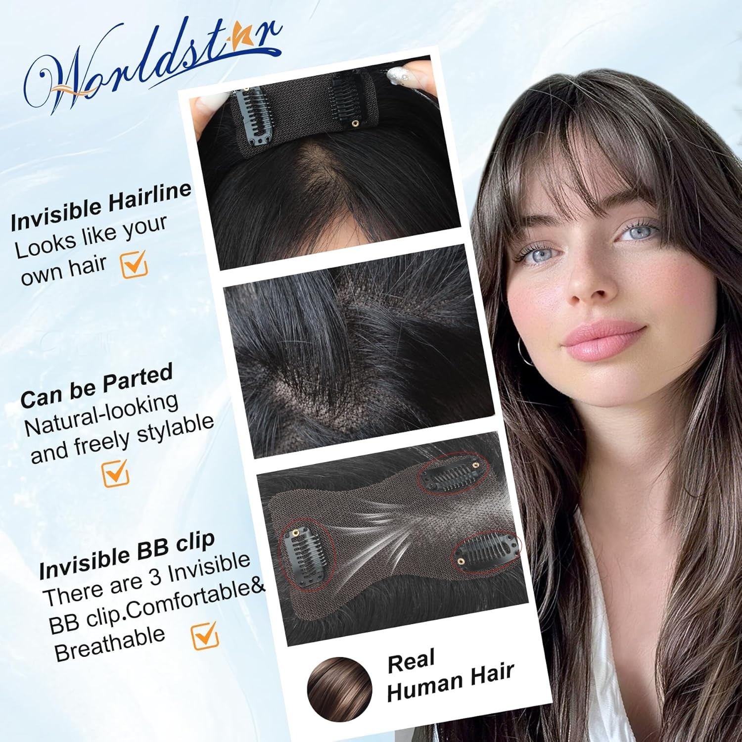 Clip in Bangs Human Hair Topper for Woman Hand-Tied French Lace Jet Black 10in