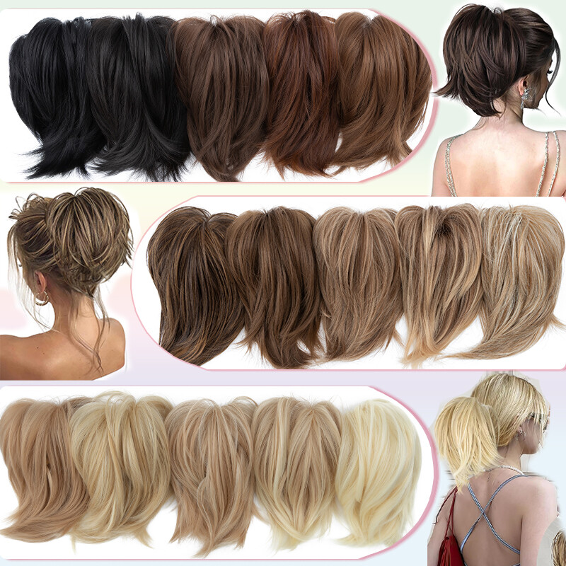 Claw On Messy Bun Updo Scrunchie Clip In Hair Ponytail Extension Highlight Brown