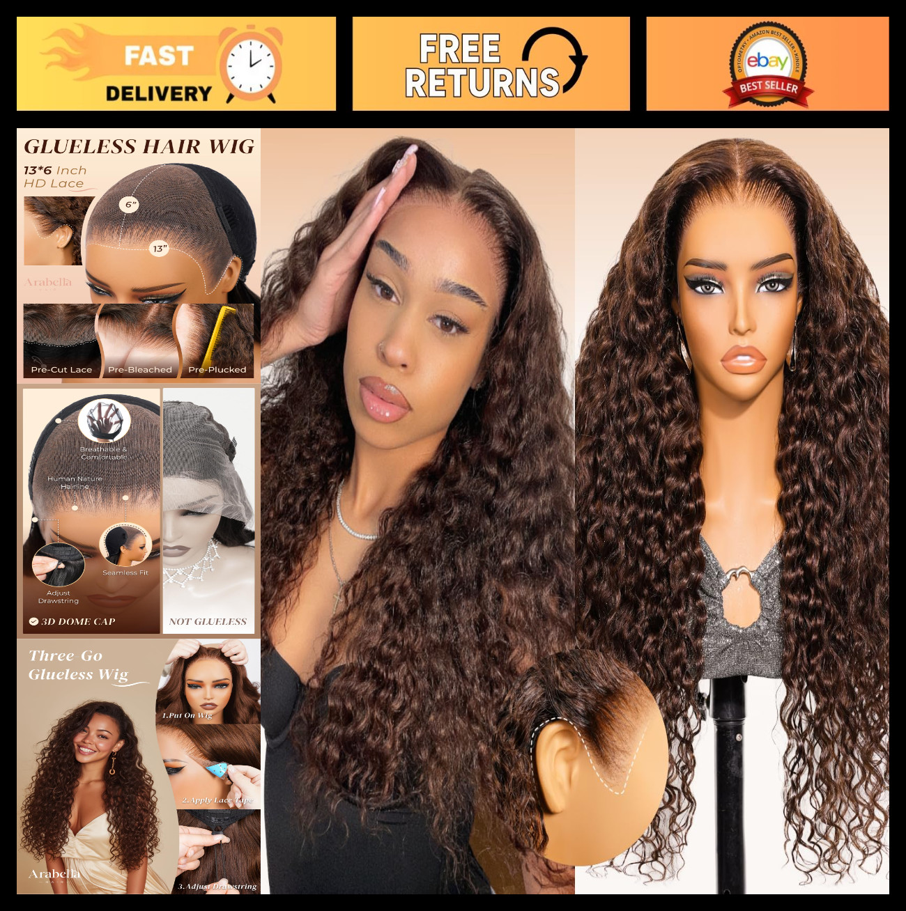 13×6 Chocolate Brown Glueless Water Wave Lace Front Wig 30″ | 210% Density, Pre