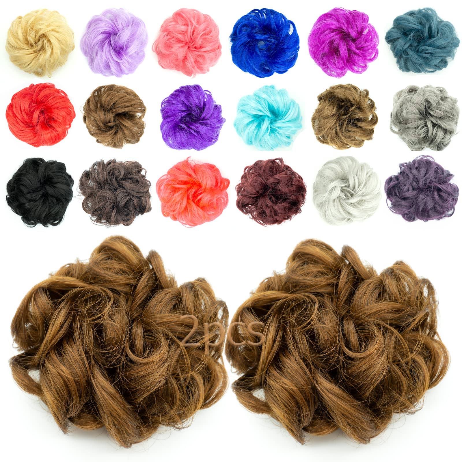 QTHQTFL 2pcs Messy Bun Hair Piece 2/30# (Dark Brown & Light Auburn Mixed)