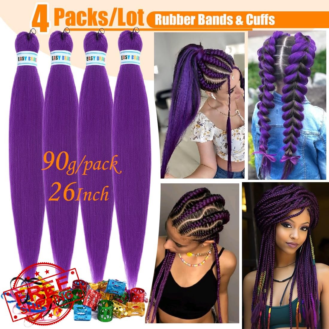 SAISIFEN Dark Purple Braiding Hair Pre-stretched Yaki 4 Packs 26 Inch