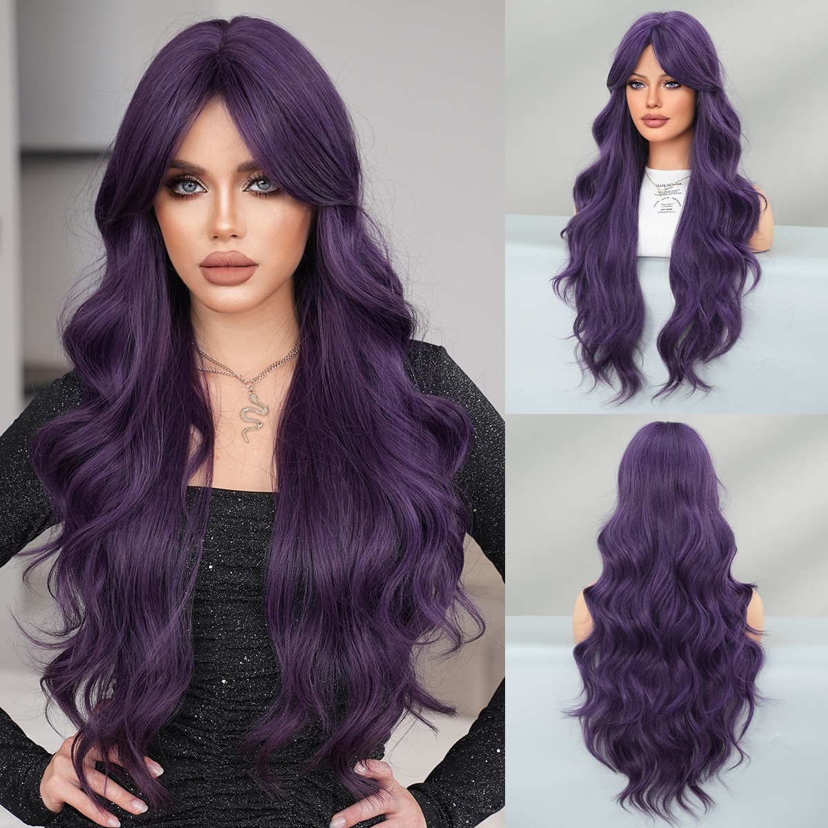Dark Purple Long Curly Wavy Wig with Curtain Bangs for Women Cosplay Party 30 in
