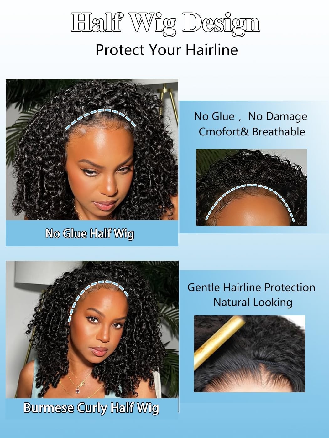 18″ Curly Half Wig Human Hair for Black Women – Glueless Drawstring, 180% Densit