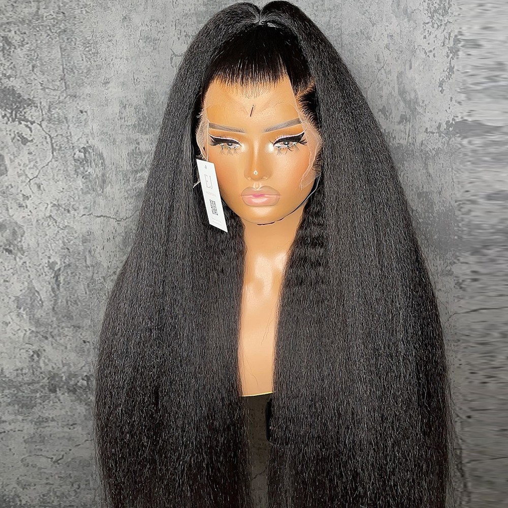 Kinky Straight Natural Long Black Hair Lace Front Wigs Heat Resistant Glueless