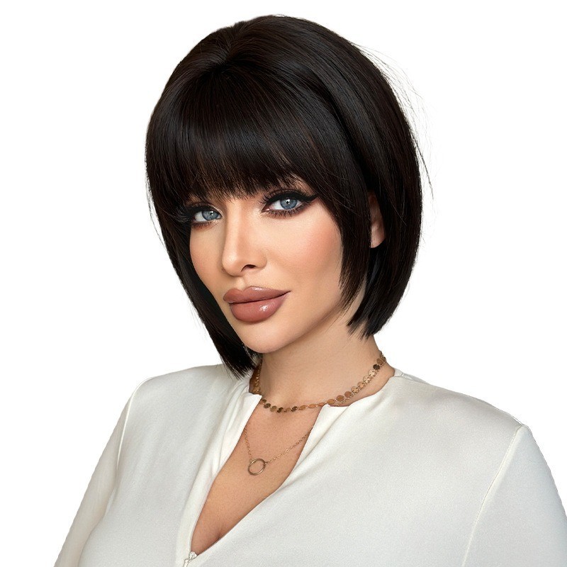 Black short hair wig with full head cover and pompadour hairstyle
