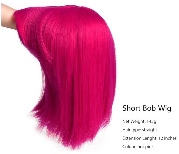 Rose Bud Hot Pink Bob Wig with Fringe 12 Inch Short Straight Costume Wigs For