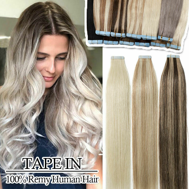 Adhesive Tape in Hair Extensions Real Remy Human Hair Invisible Skin Wefts Thick