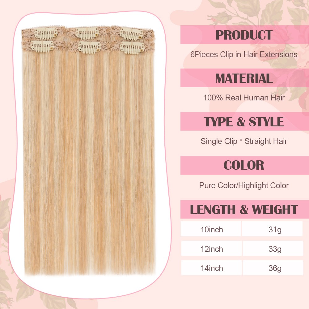 6PCS Real Human Hair Clip in Short Hair Extensions 100% Remy Hair Pieces Thin US