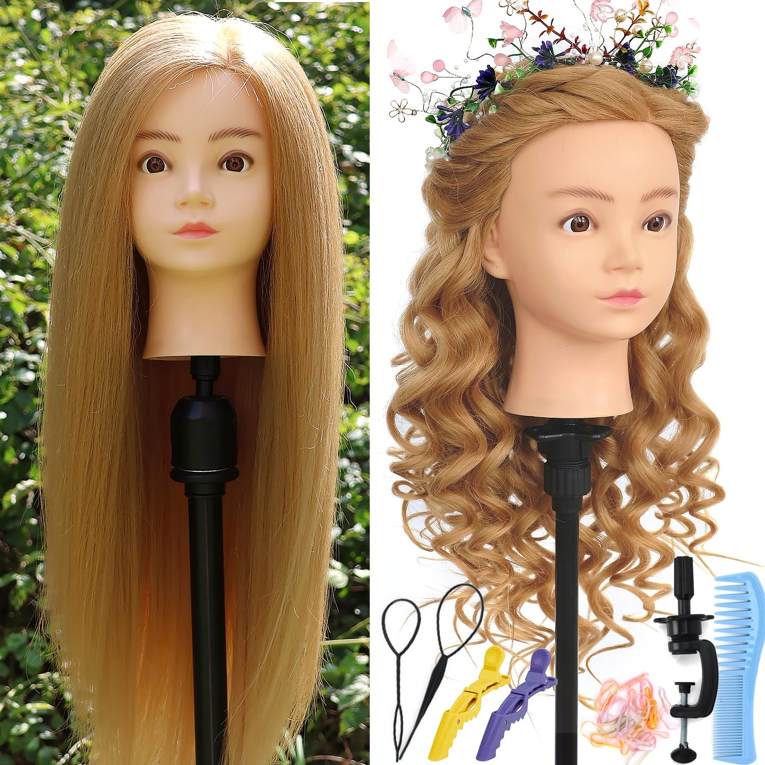 28 Inch Mannequin Head 80% Mix Hair Cosmetology Braiding Clamp Light Brown