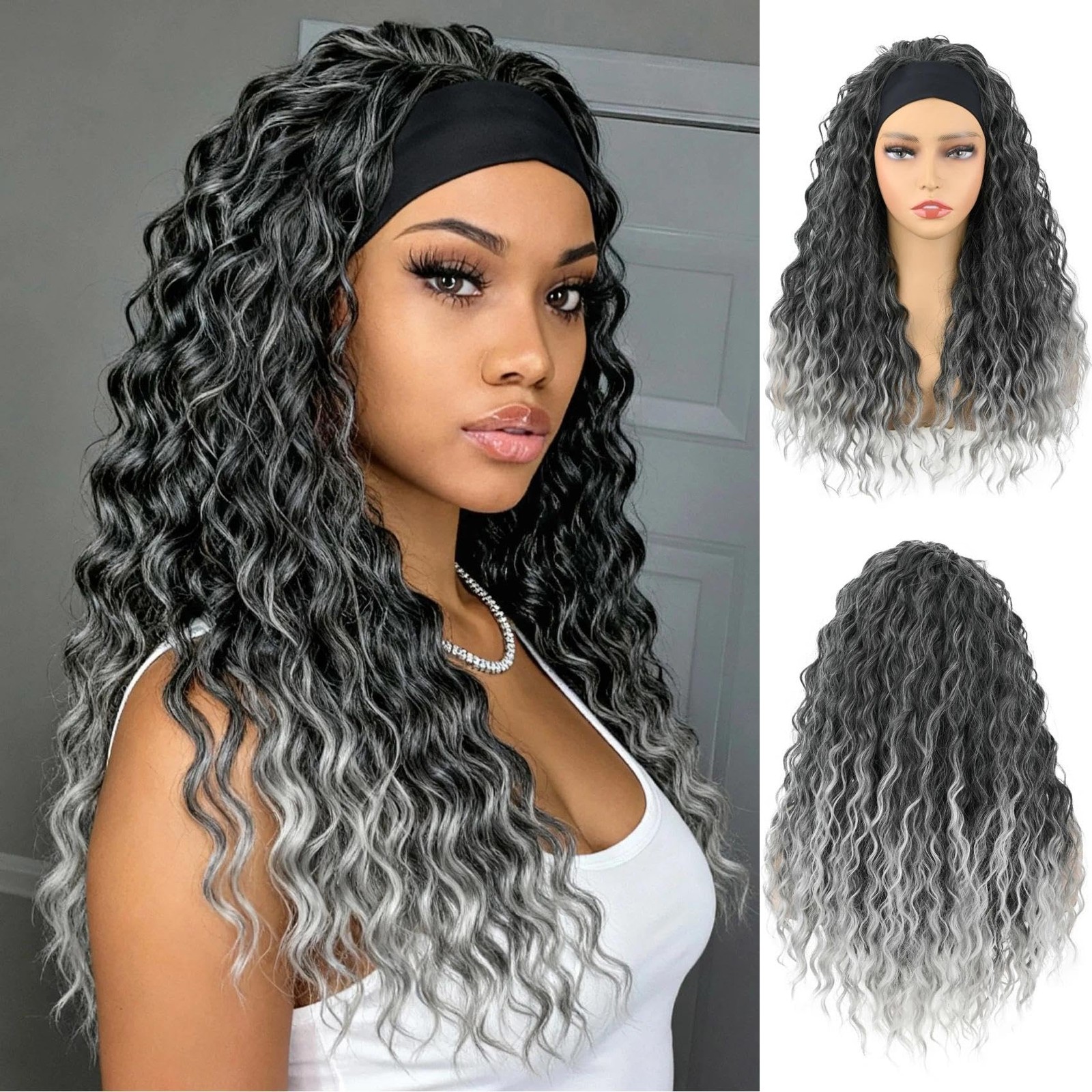 Headband Wig Deep Wave 20 Inch Gray for Black Women – Machine Made None Lace …