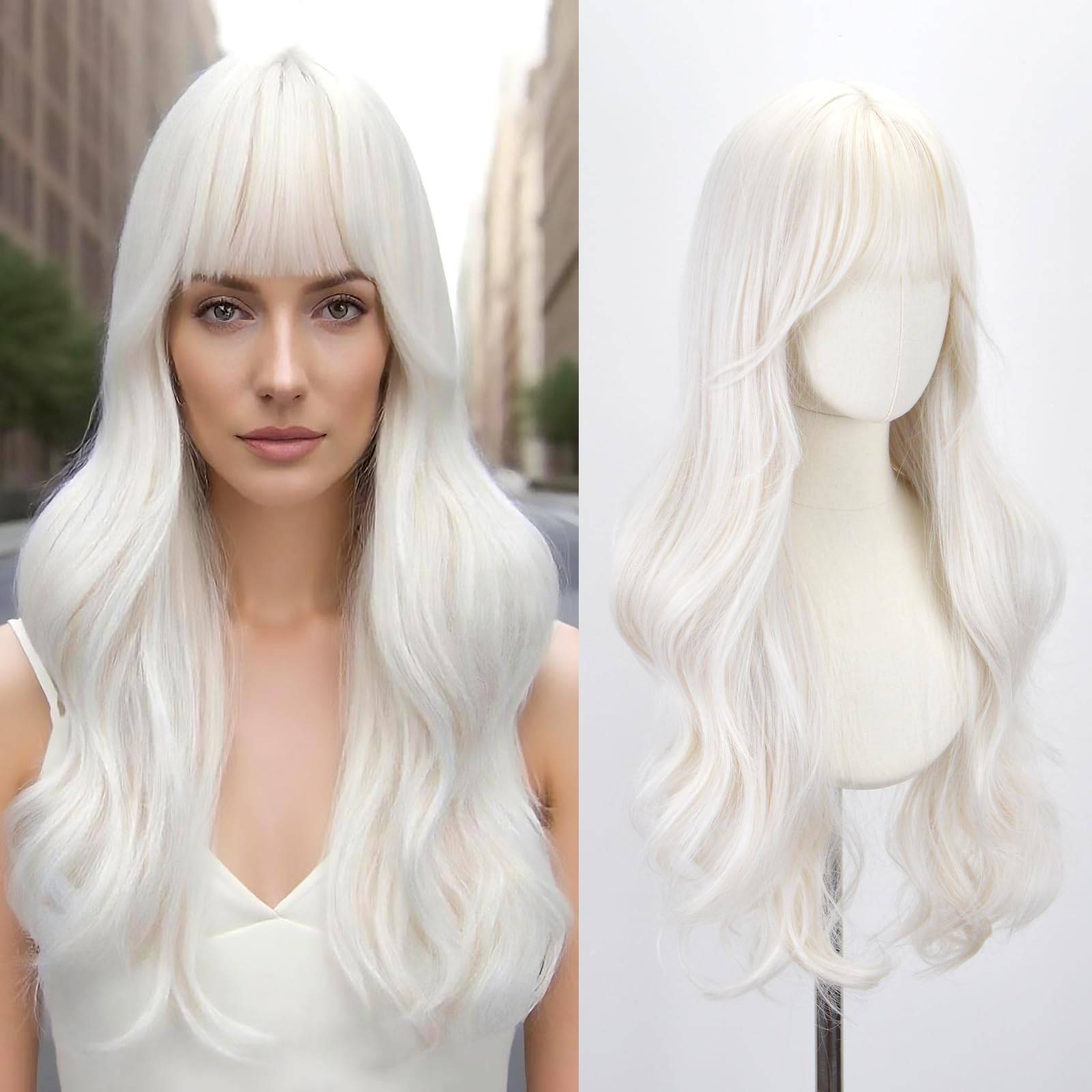White Wig with Bangs for Women -26 Inch Long Wavy White Wigs Synthetic Heat R…