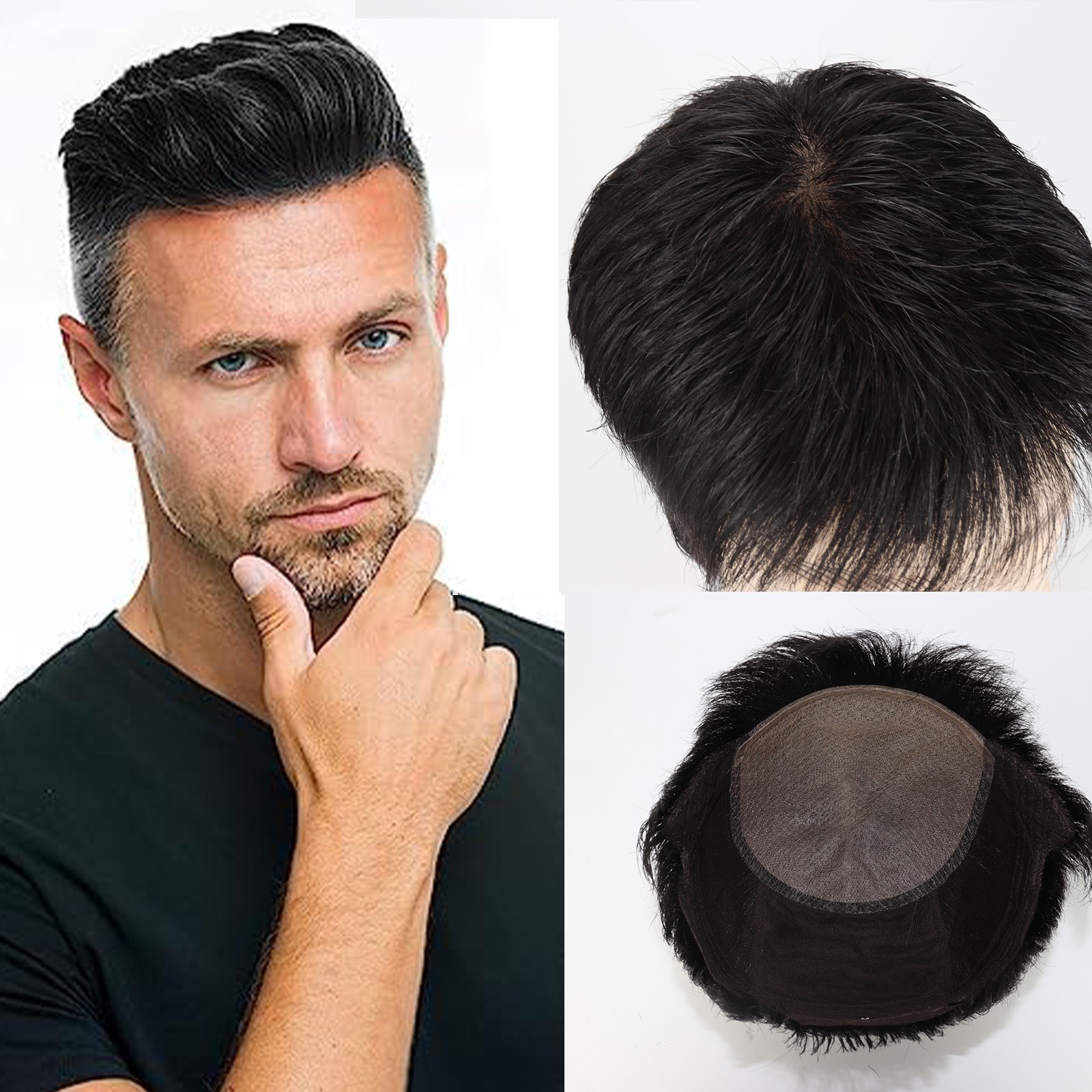 Men’s Real Human Hair Wig Black Toupee Silk Base Lace Breathable Hair For Men