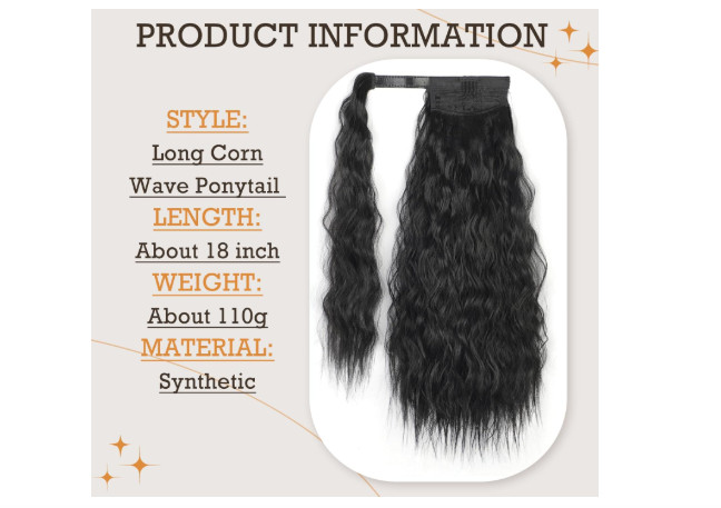 18 In Long Corn Wave Ponytail Extension Heat Resistant Black Stamped Glorious