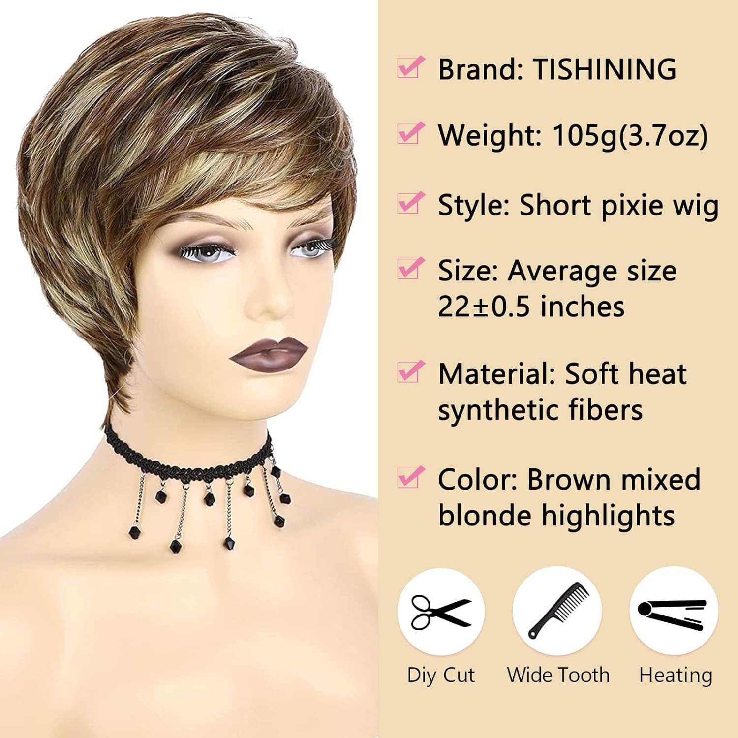 Pixie Cut Brown Short Hair Wigs for White Women with Bangs Brown Mixed Blonde…