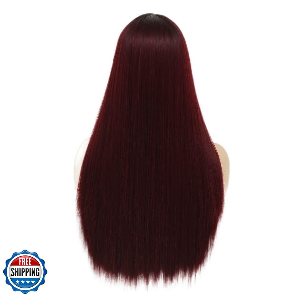 Tseses Ombre Red Long straight Wigs for Women Synthetic Hair Wigs Dark Roots