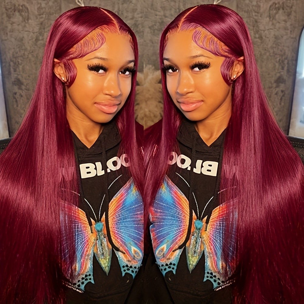 Burgundy Color Long Straight Hair Frontal Lace Replacement Wigs Glueless Natural