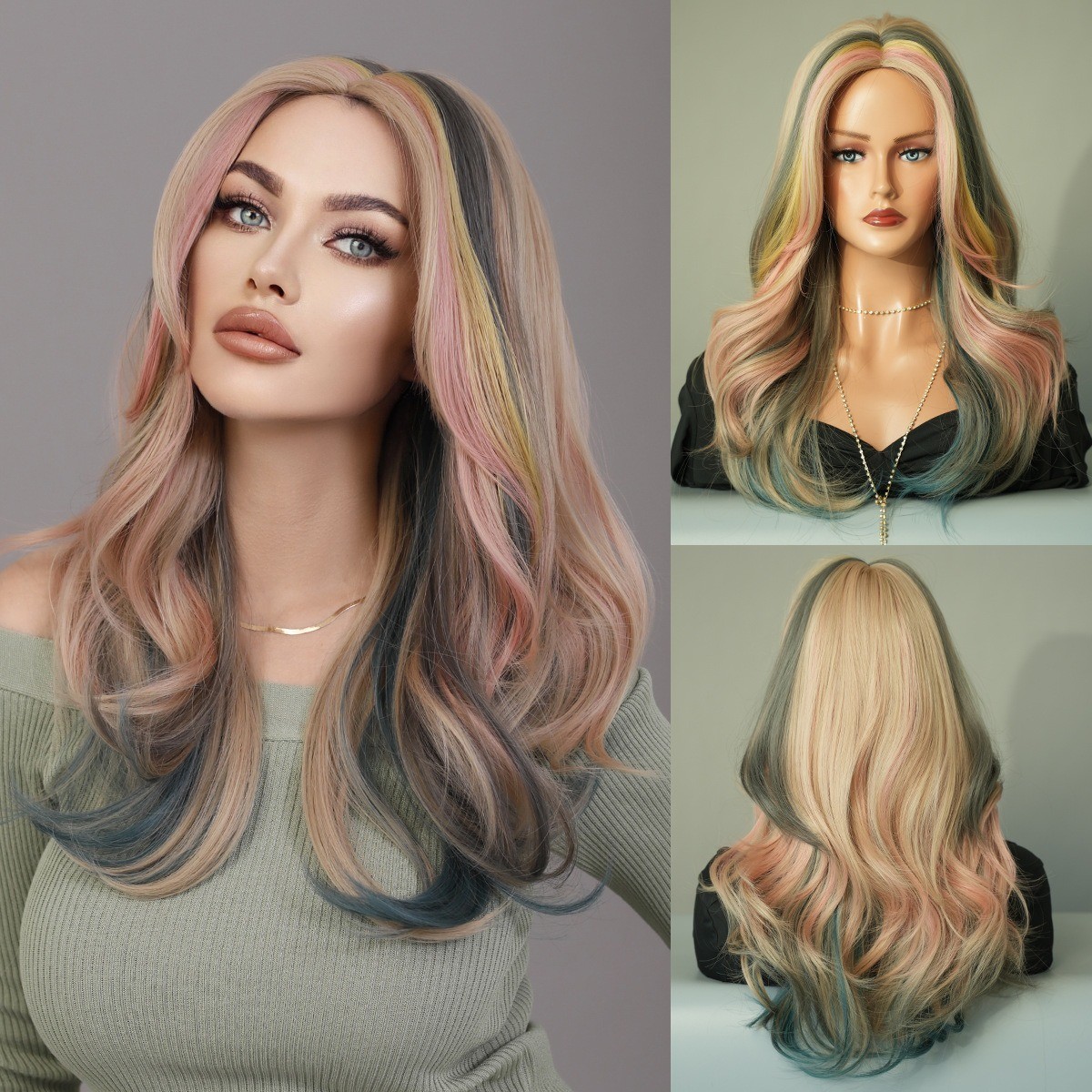 Women parted highlighted long curly hair wig with large waves artificial hair