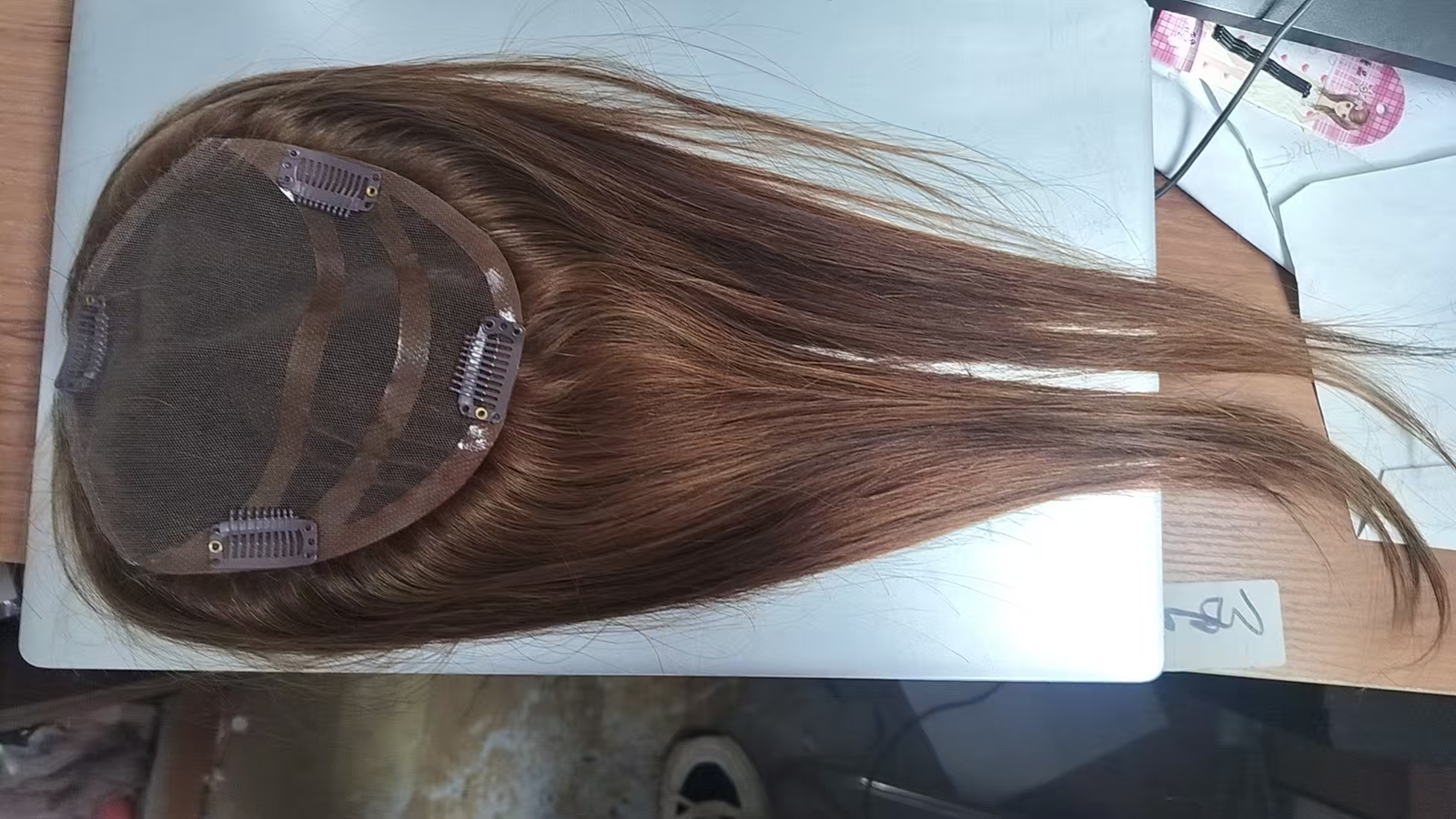 Straight Auburn Brown Human Hair Topper Swiss Lace 6 * 5.5” Cap Size 18 Inch