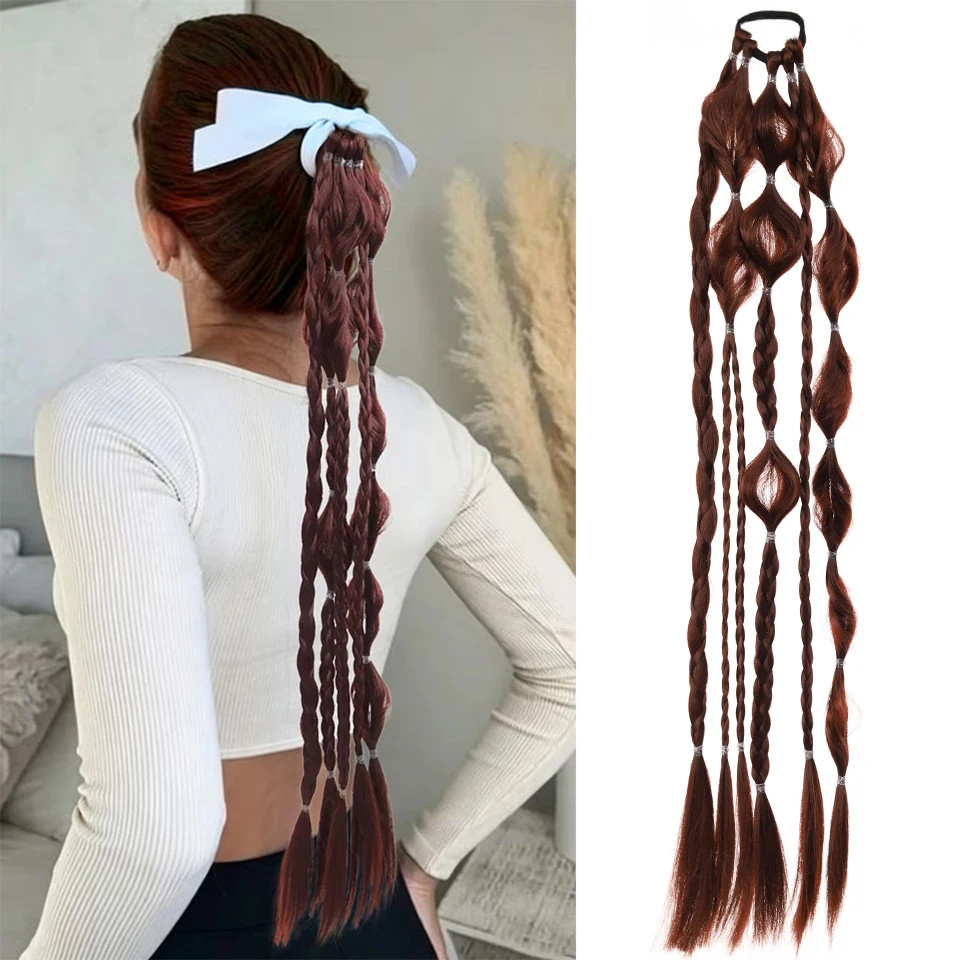 Lightweight Synthetic 24Inch Long Braided Bubble Ponytail Wig For Women Party