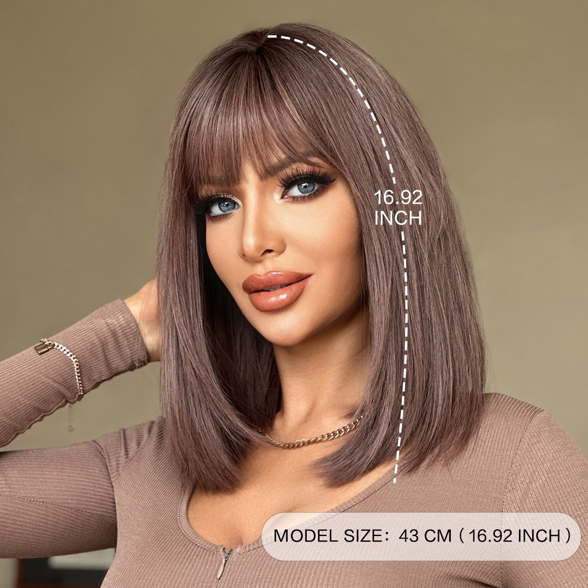 Pink Purple Straight Wig with Bangs Heat-Resistant Layered Synthetic Hair 17″