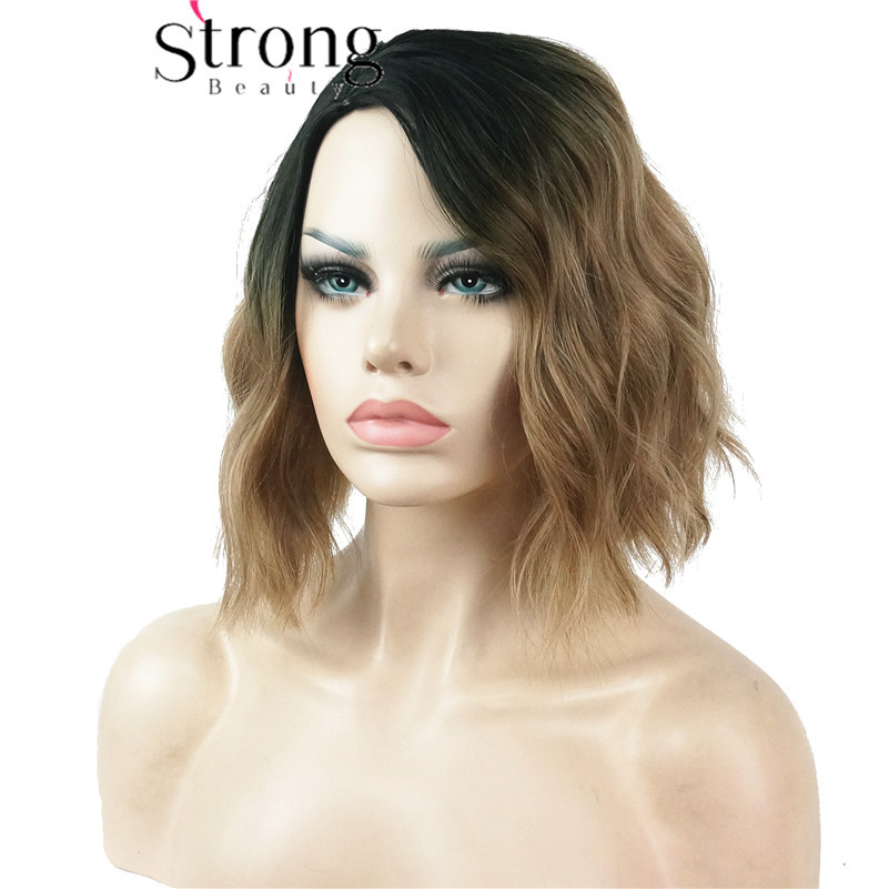 Short Black/Brown Ombre Bob, Side Part, No Bangs Full Synthetic Wigs for Women