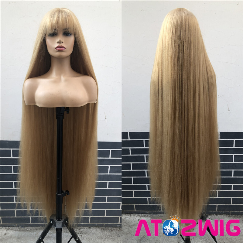 48 inch Long Kinky Straight Ash Blonde Wig with Full Bangs Fashion Party Wigs