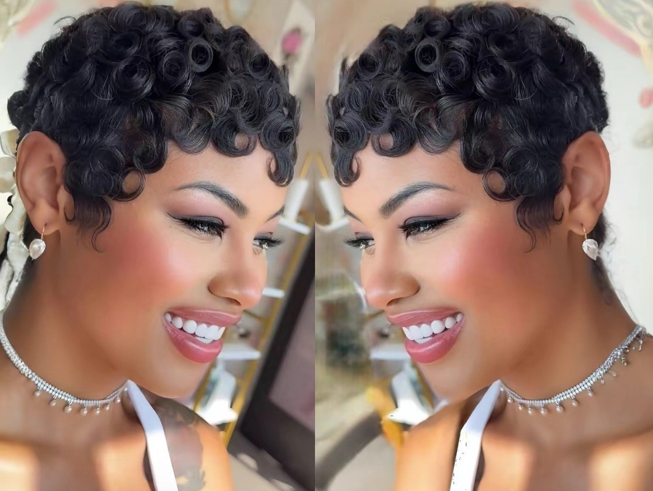 ShowReal Finger Wave Curly Short Wig for Women, Black and Brown