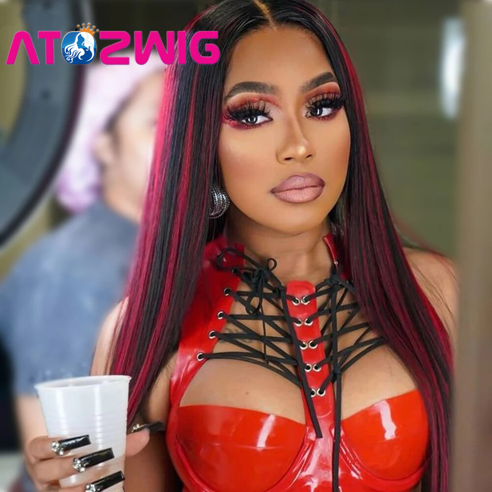 Women 13*4 T Lace Front Ombre Red Wig Long Straight Highlight Red Wigs Heat Safe
