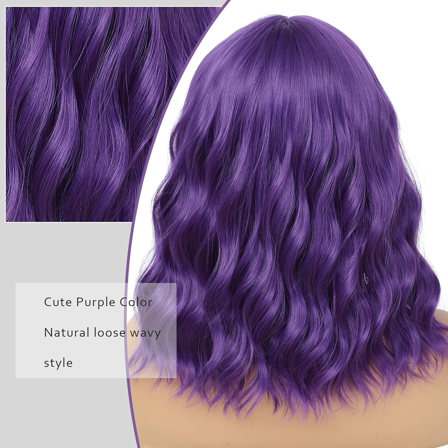 Dark Purple Wig for Women, Wavy Curly Purple Bob Wigs Middle Part 14 Inch Should