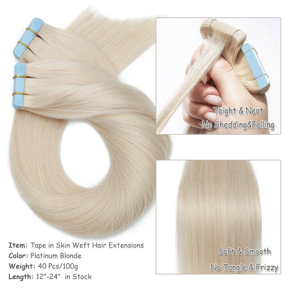 Tape In Remy Human Hair Extensions Invisible Seamless Skin Weft Thick Long 60pcs