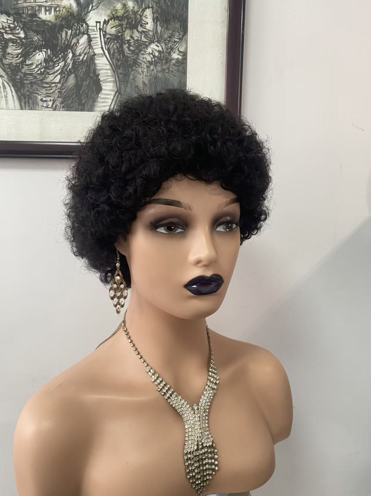 Afro Kinky Curly Human Hair Wig Short Bob Wig 6 Inch 1B Black Machine Made Women