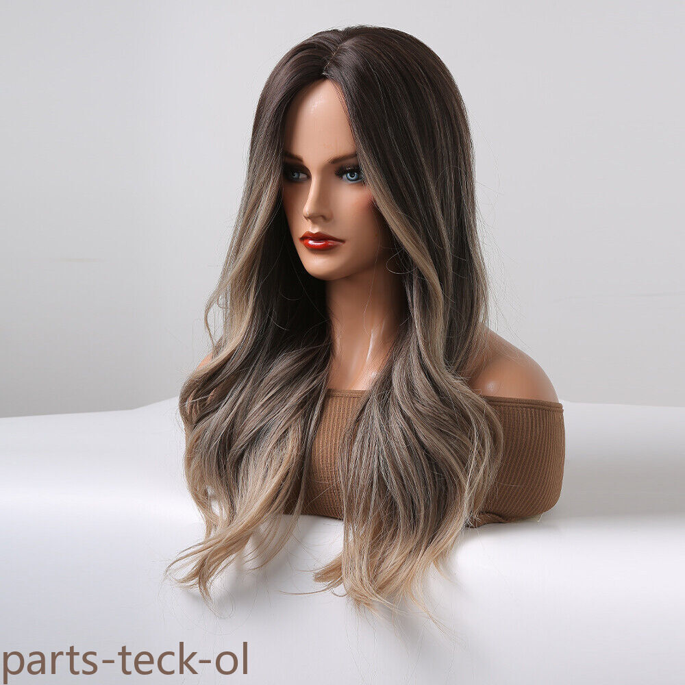 Fanshion Long Wavy Ombre Brown Light Blonde Synthetic Wigs for Women Hair Wig US