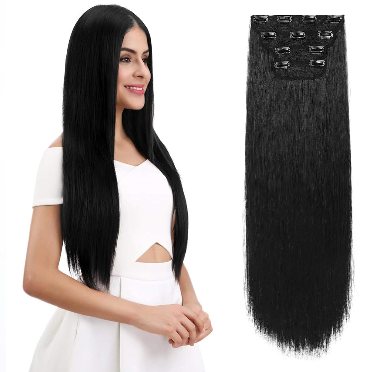 Thick & Long 28” Clip-In Hair Extensions – Heat Resistant Natural Black