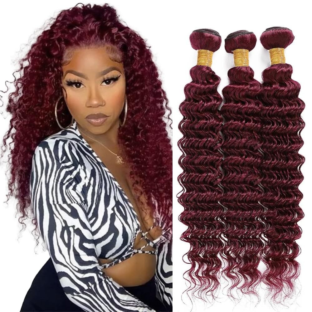 Niciitysi Color 99J Bundles Human Hair Wine Red Deep Wave Bundles 10 12 14 Inch