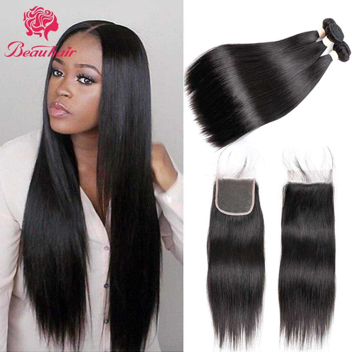 7A Brazilian Straight Hair 3 Bundles with Lace Closure (8 10 12+12 Free Part clo