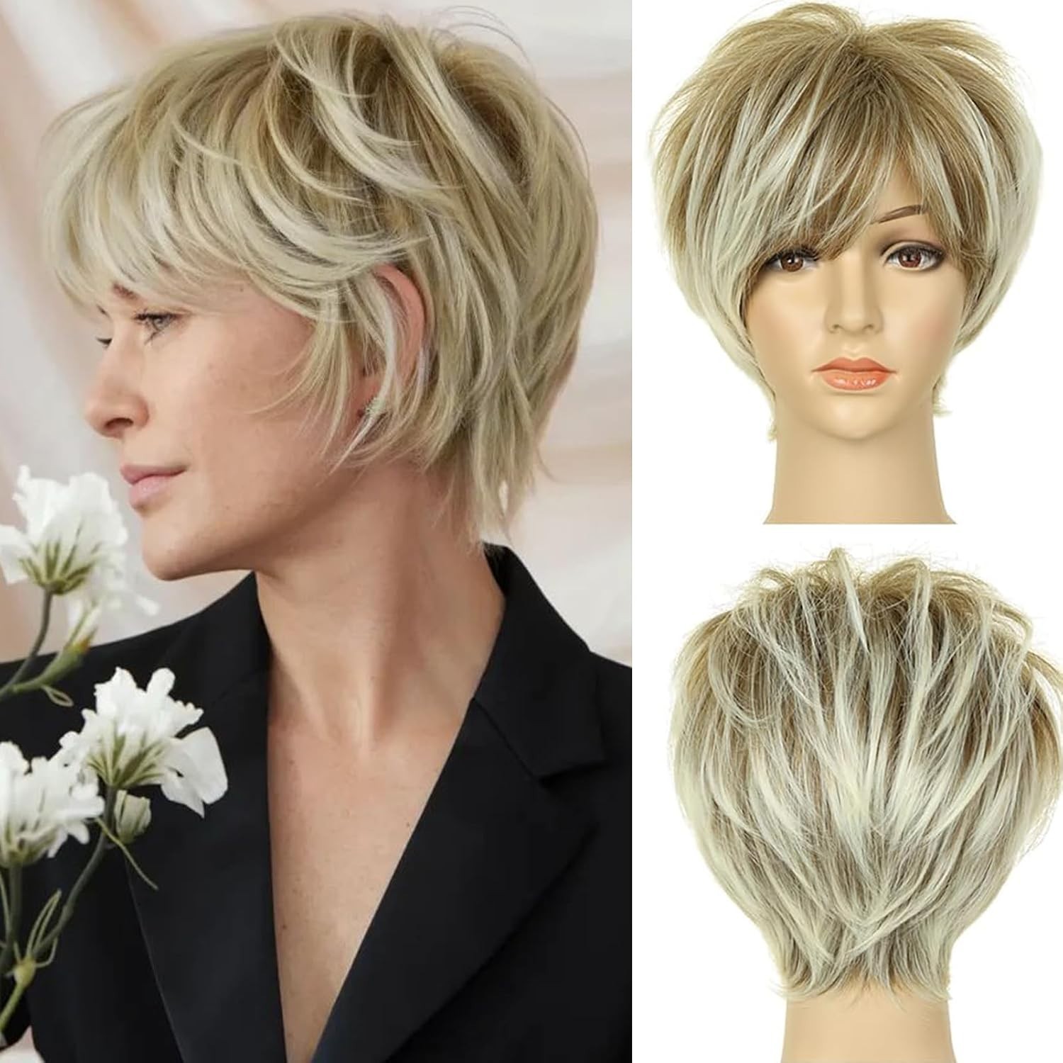 Pixie Cut Wig with Bangs for White Women Short Blonde with Dark Roots Synthet…