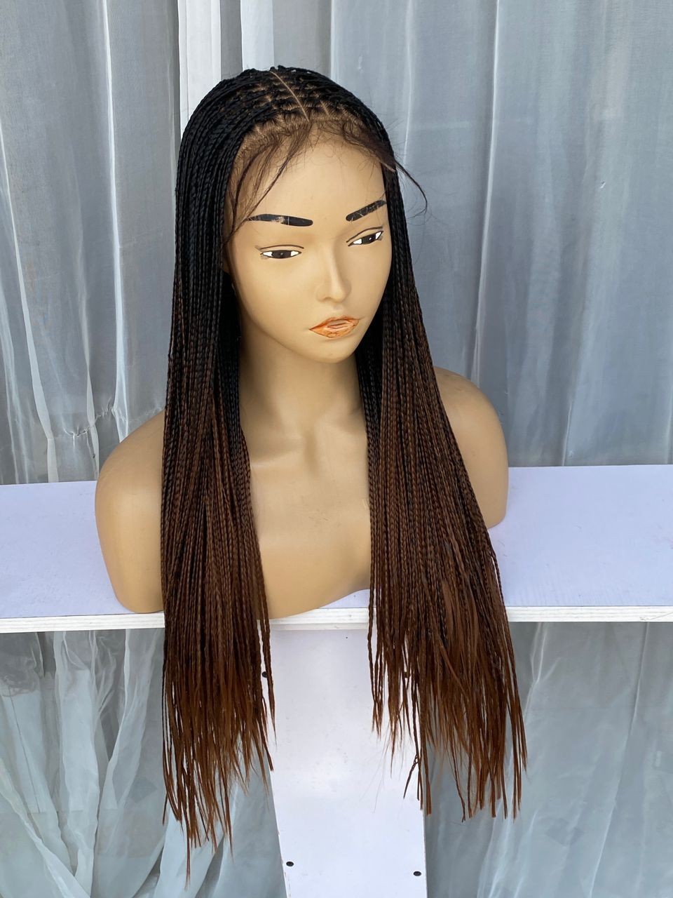 Braided Lace Front Wig Black Brown Straight Middle-Part Long – hand made