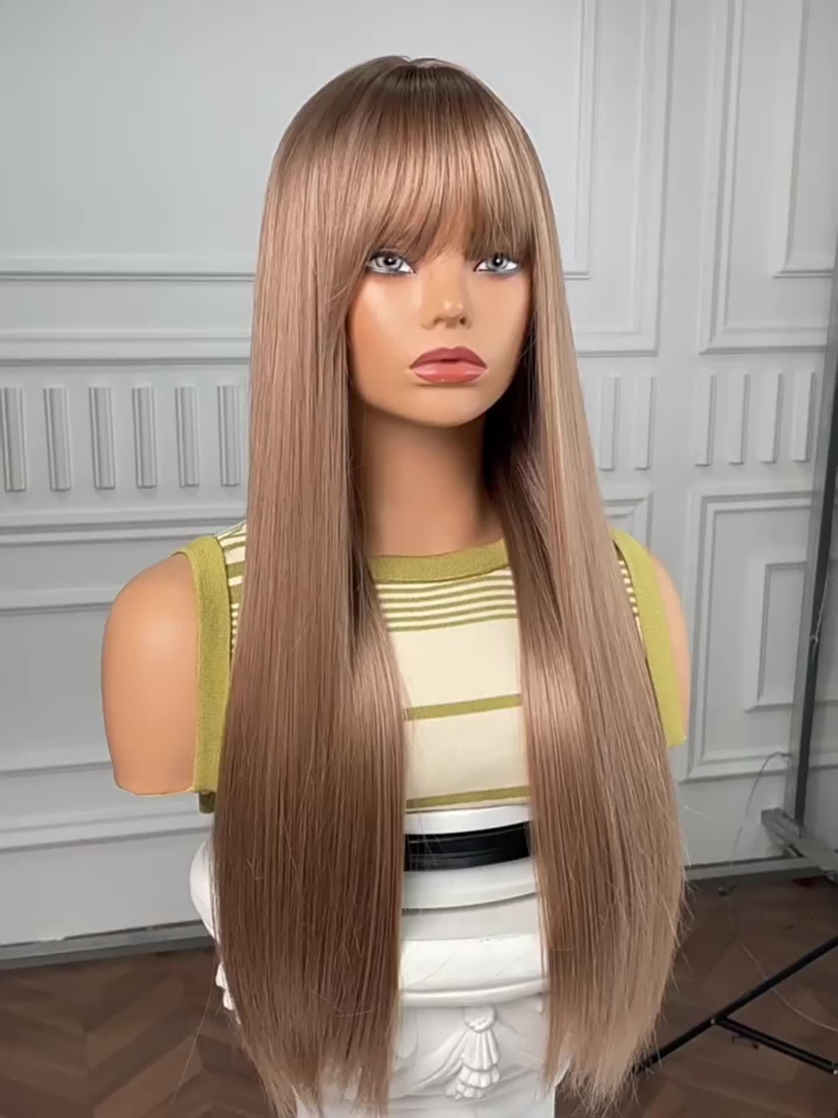 28″ Long Straight Blonde Wig with Bangs for Women Heat Resistant Synthetic Hair
