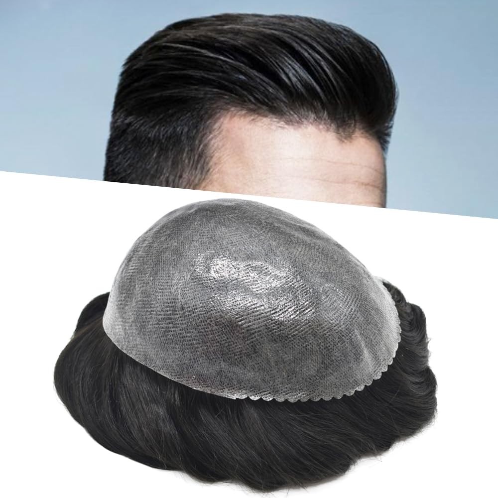Mens Toupee Human Hair Systems Full Poly Thin Skin Hair Piece Replacement System