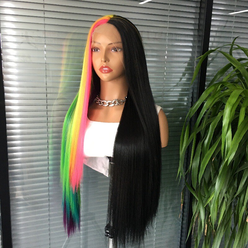 Long Straight Half Rainbow Half Black Lace Front Wigs for Women Party Wigs