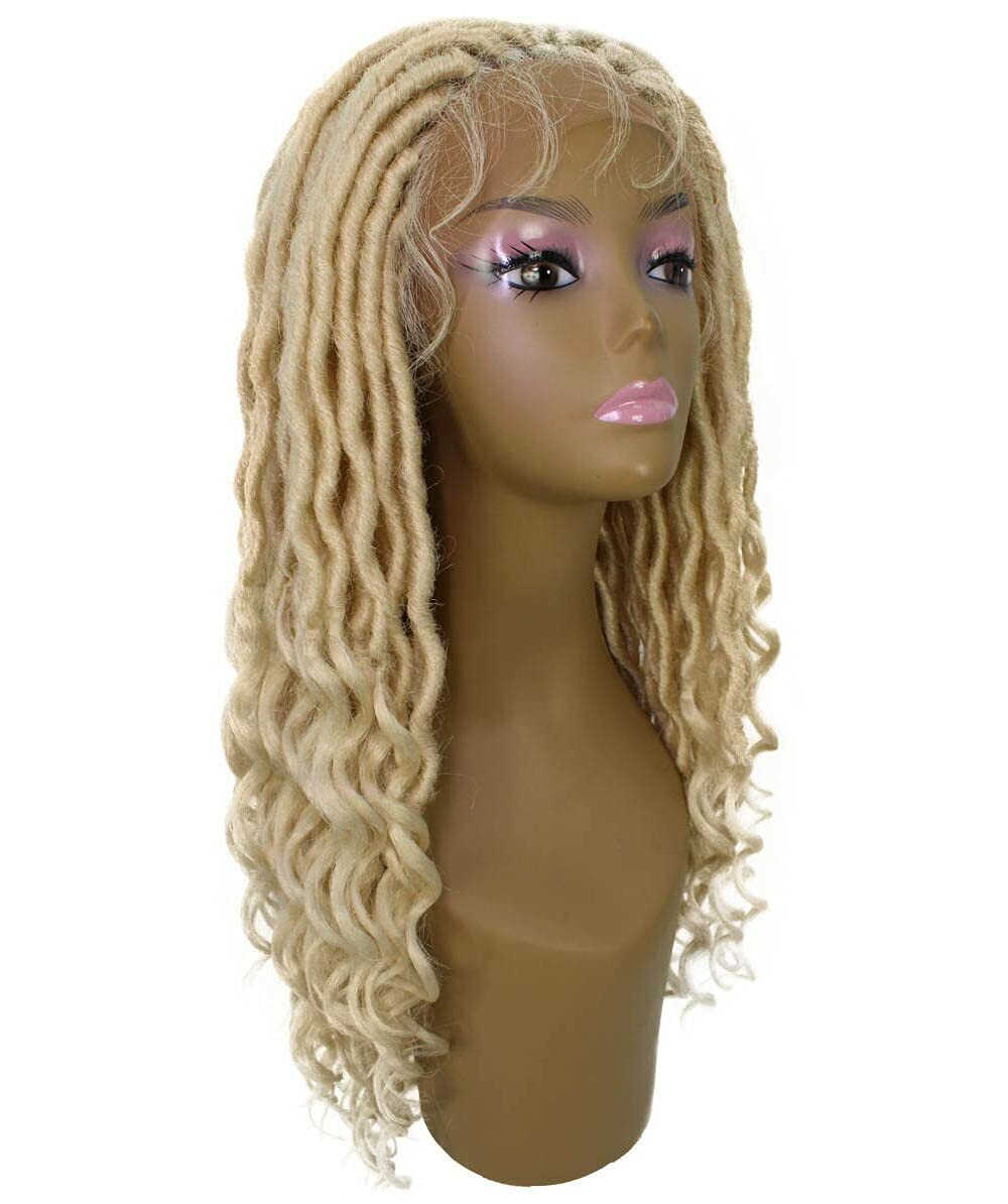 LUXLUXE Andrea 4×4 Curly Long 4X4 Hand Tied Lace Braid Light Blonde Wig