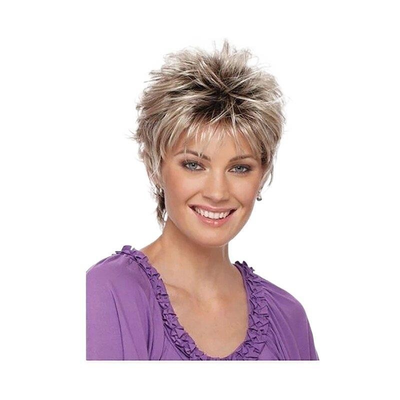 Lady Short Blonde Pixie Cut Wigs Dark Brown Ombre Blonde Synthetic Hair Wigs