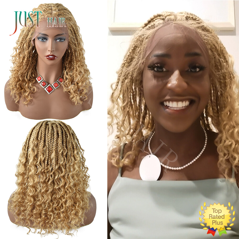 Curly Ends Box Braided Swiss Lace Front Wigs for Women with Baby Hair Synthetic