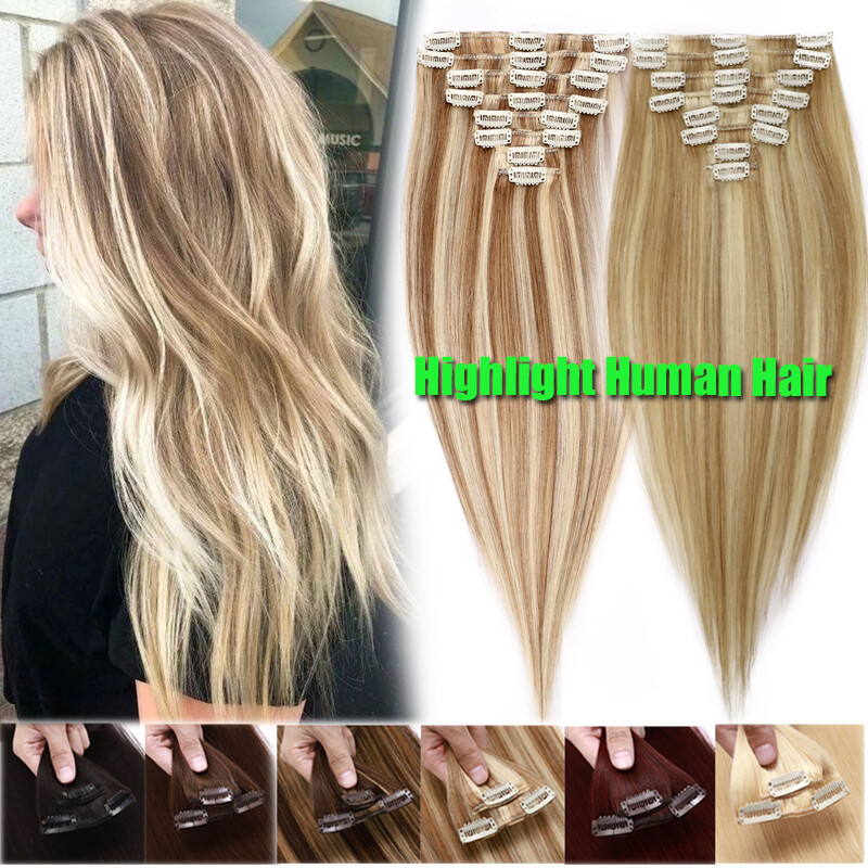 CLEARANCE Clip In 100% Human Hair Extensions Full Head Real Remy Hair Highlight