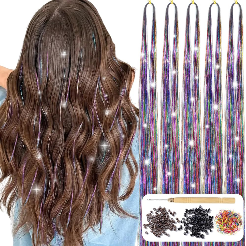Hair Tinsel, (48 Inch 5Pcs 1200 Strands) Colorful Glitter Tinsel Hair Extensions