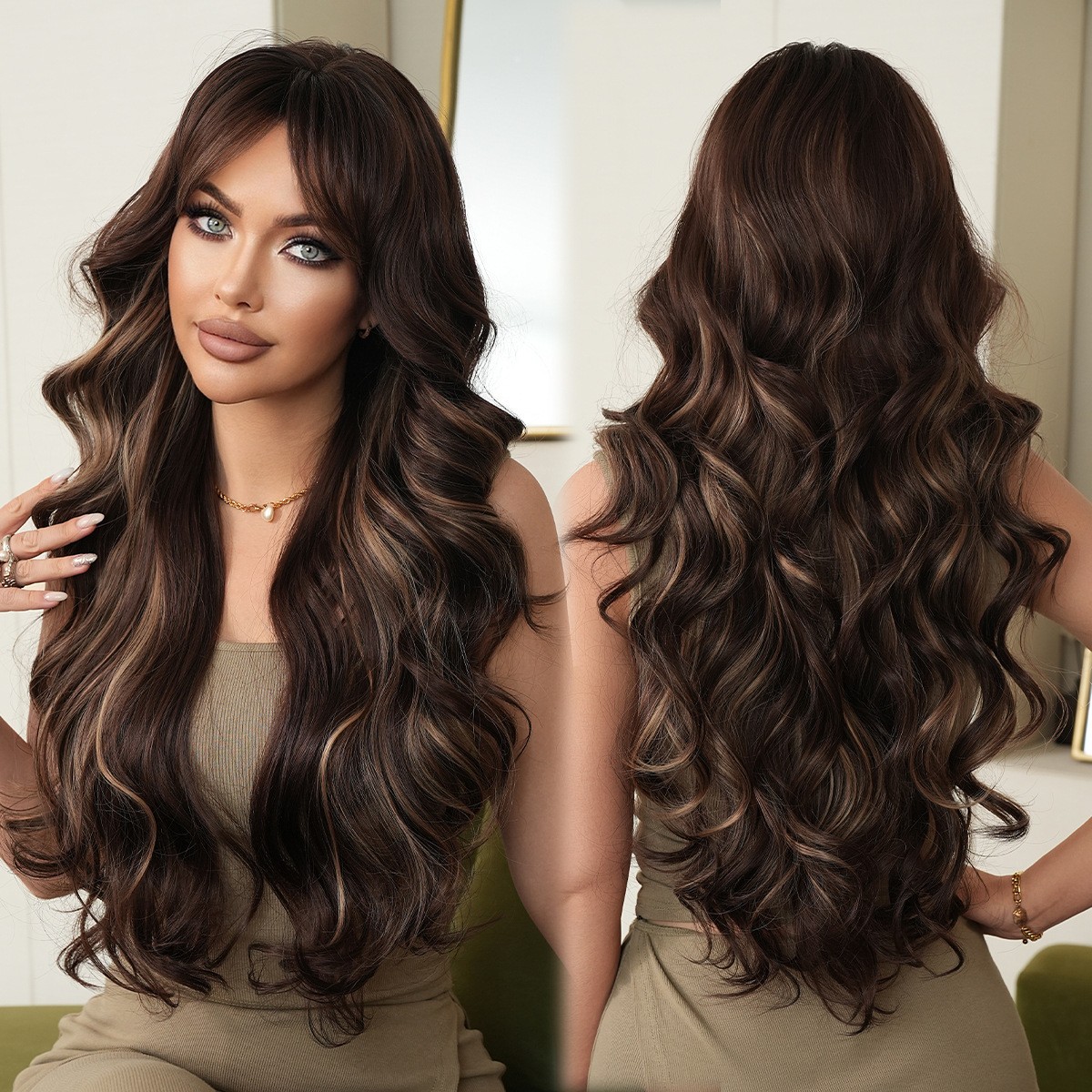 Highlight Honey Brown Long Curly Wavy Wig with Side Part Bangs Synthetic Full