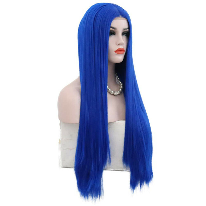 Long Straight Lace Front Wig Synthetic Hair Wig Heat Safe Blue Glueless Long Wig