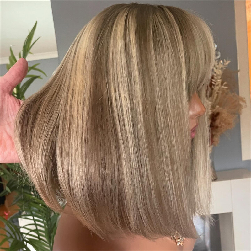 100% Human Hair Wig Lace Front Wigs 13×4 with Bangs Ash Blonde Highlight Bob Wig