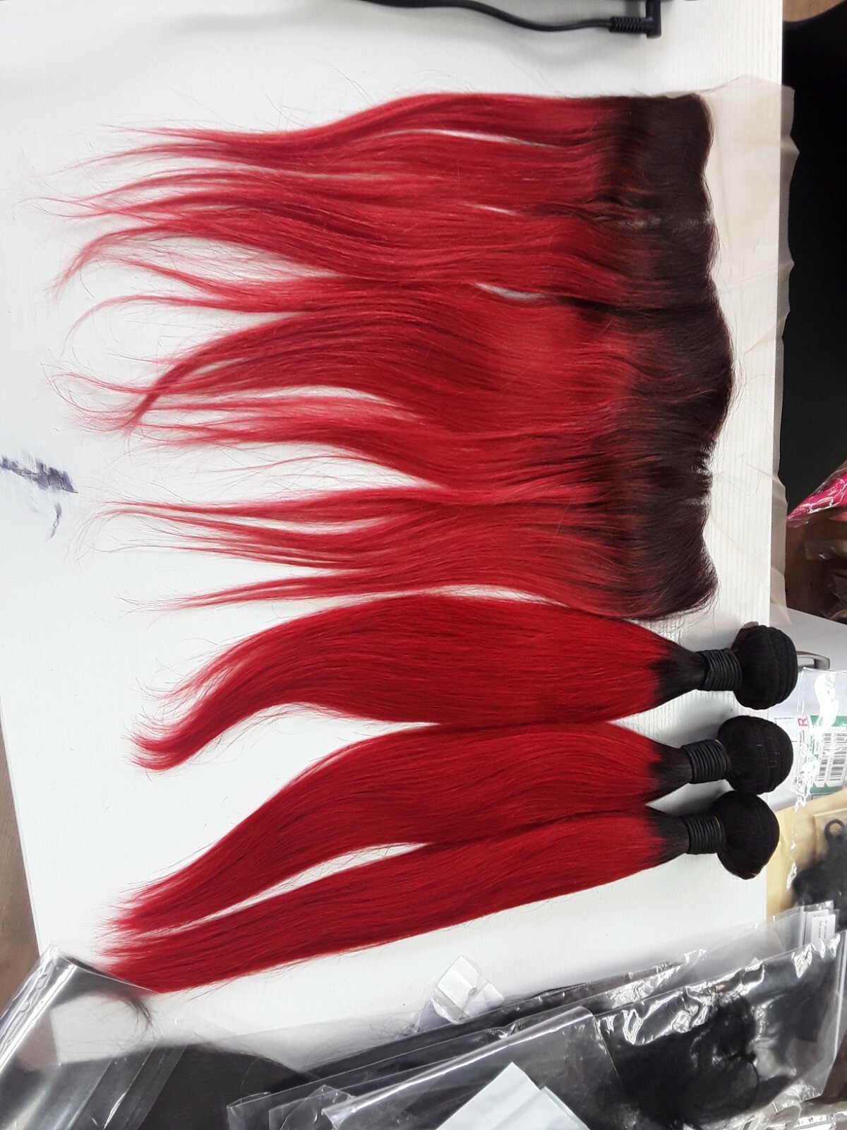 1B#/RED OMBRE BRAZILIAN VIRGIN HUMAN HAIR STRAIGHT BUNDLES 16+16+16&14 FRONTALS