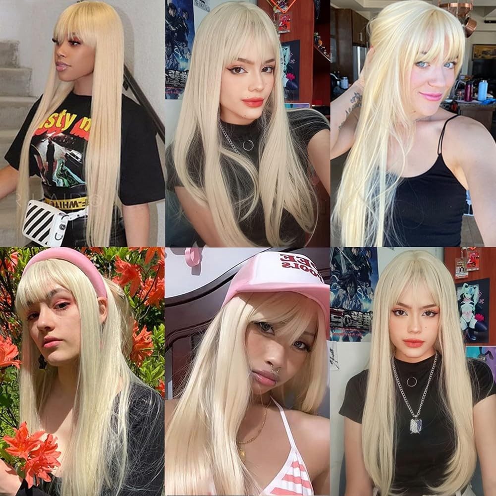 Platinum Blonde Wigs for Women 24 Inch Long Straight Wig with Bangs Synthetic…
